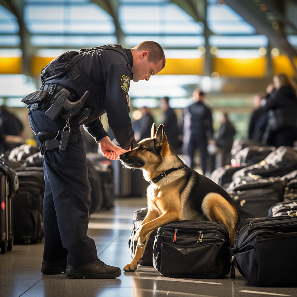 Police dog sniffing luggages at airport