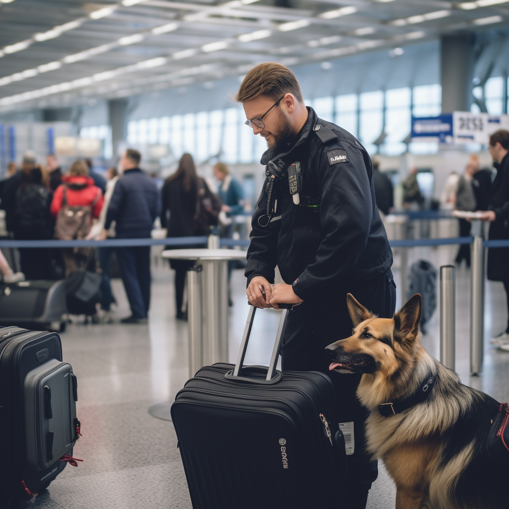 airport security guard with sniffer dog inspecting luggage