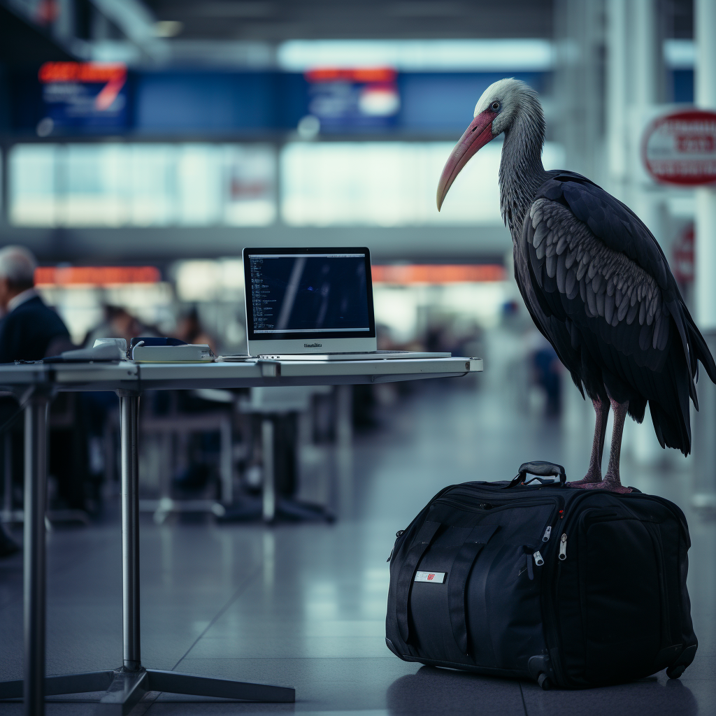 Black stork in front of laptop at airport