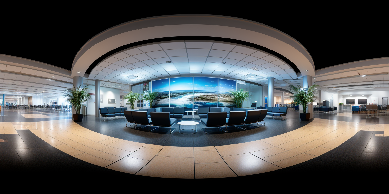 Airport waiting room with check-in counter and big screens