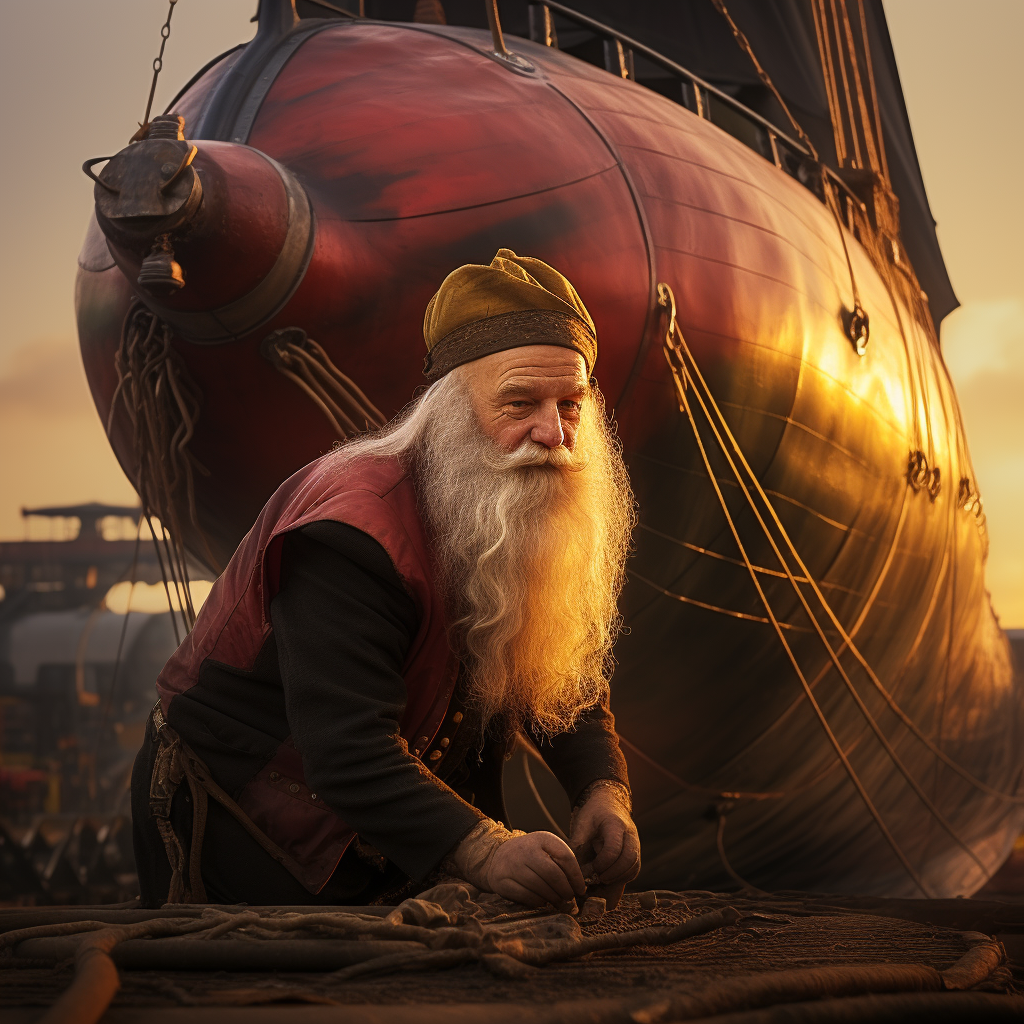 78-year-old gnome pulling airship at sunset