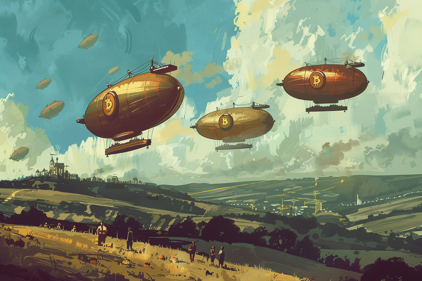 Airships dropping crypto tokens illustration