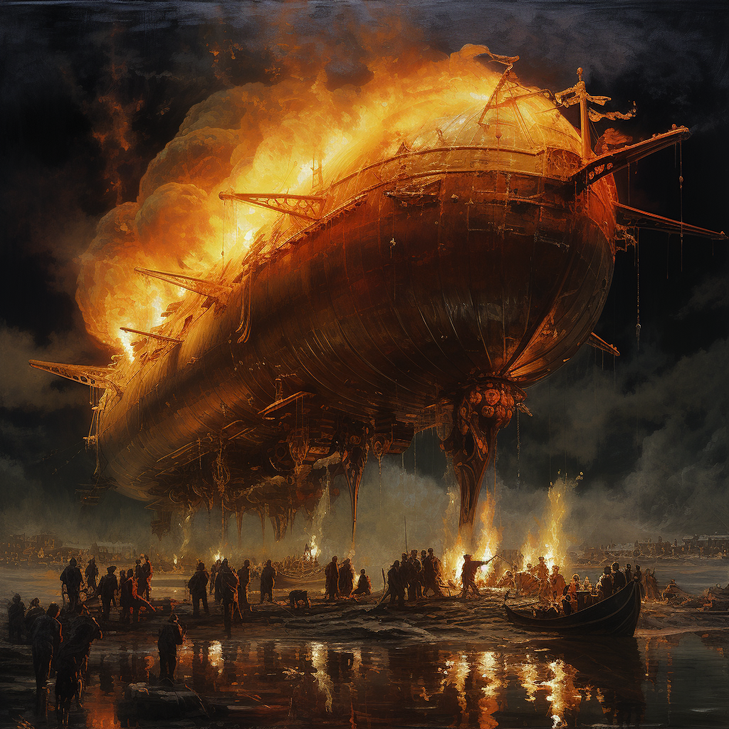 Airships on fire at night, panic and chaos