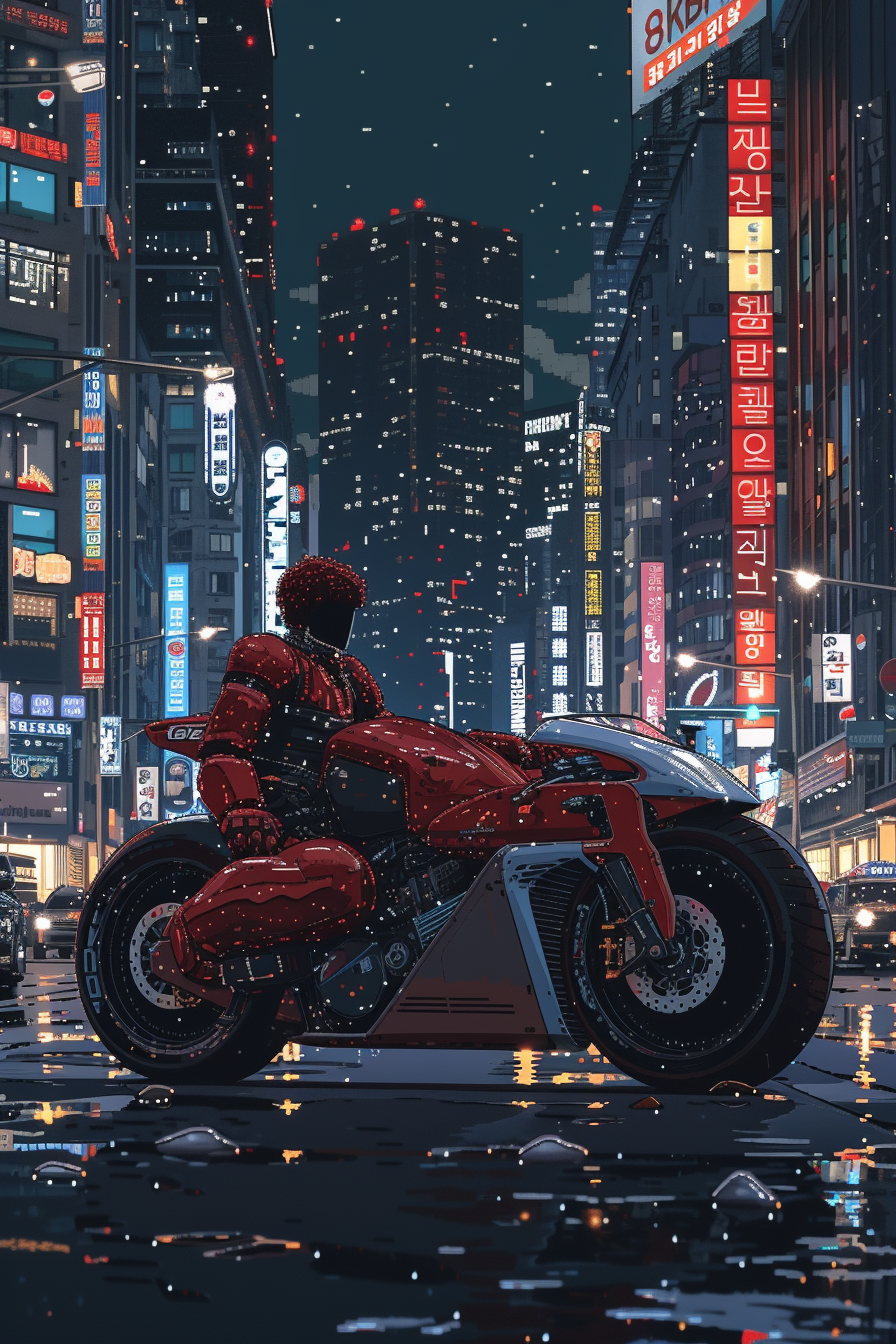 Akira on Futuristic Superbike in Seoul Night