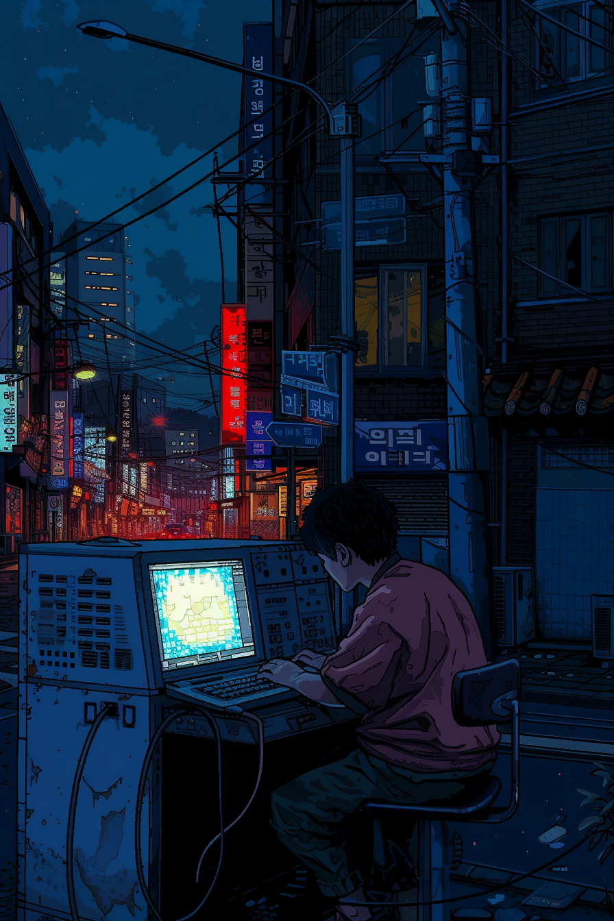 Pixelated Akira Sitting in Seoul at Night