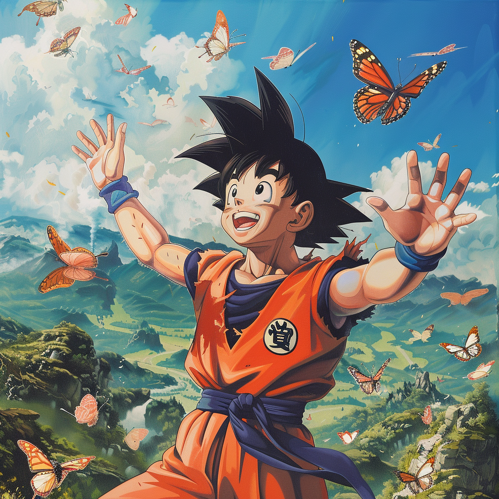 Son Goku smiling in wilderness