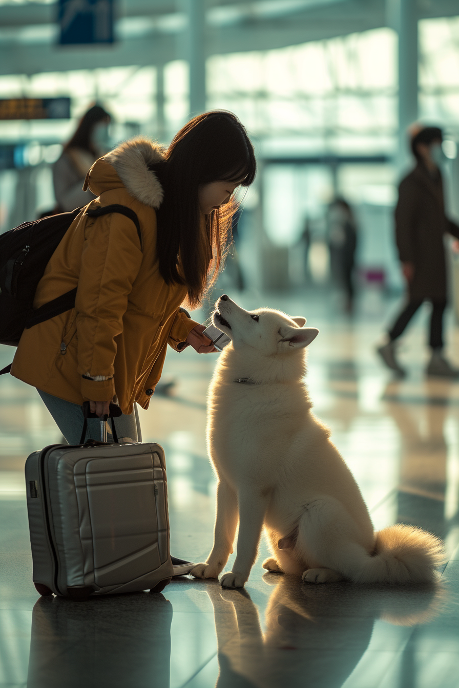 Akita dog greeting Chinese girl at airport