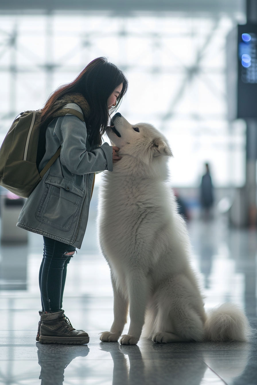 Akita dog greeting Chinese girl at airport