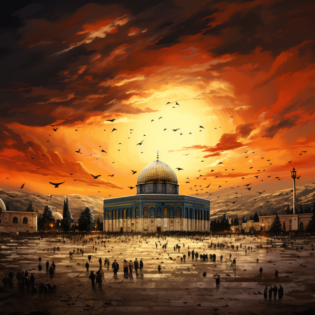 Detailed image of Masjid Al Aqsa with red sky