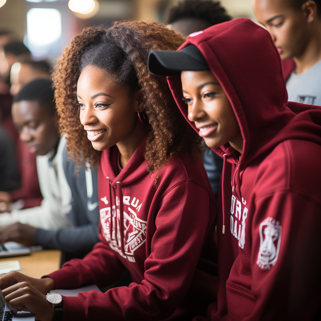 African American HBCU students wearing sweatshirts using modern equipment