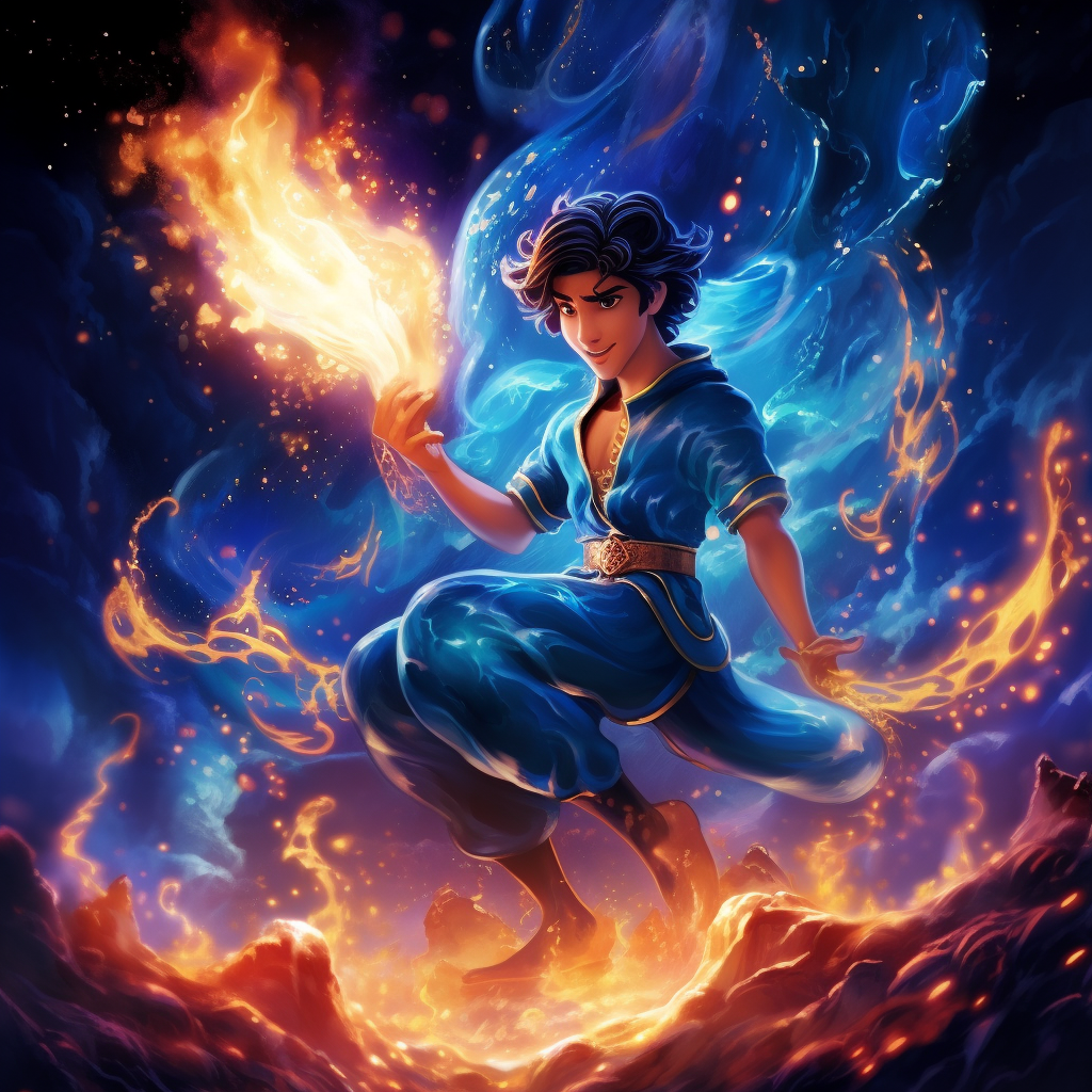 Aladdin Blue Genie Sparkling Fire Dark Background