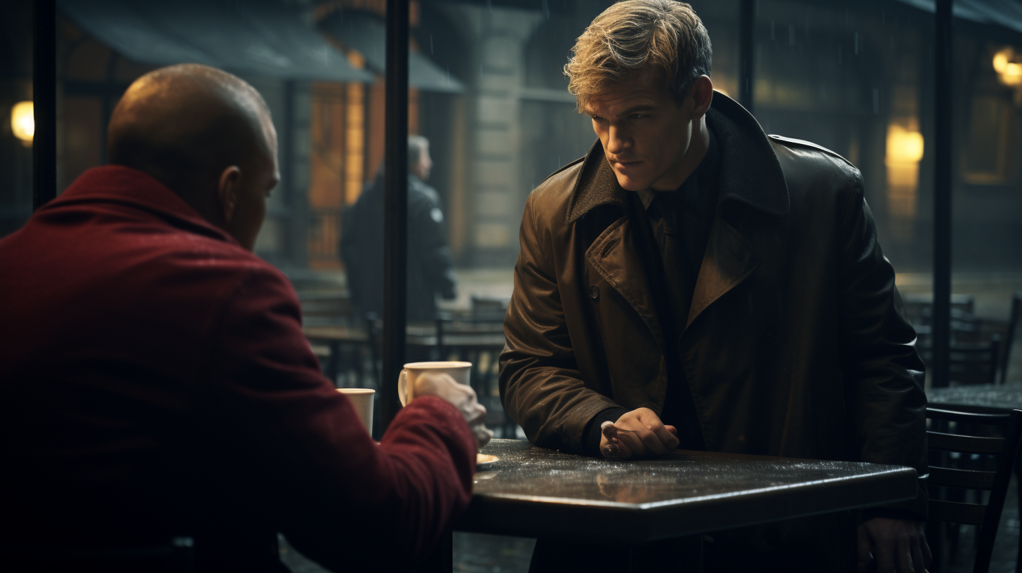 Alan Ritchson in heavy coat meeting detective