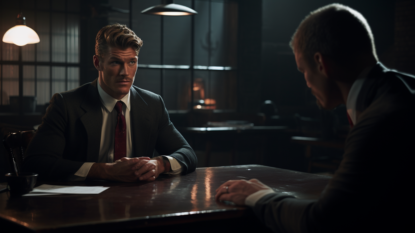 Alan Ritchson and Detective discussing a case