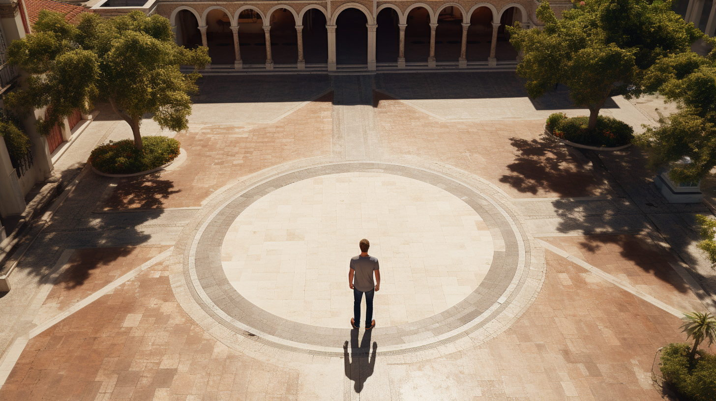 Alan Ritchson in Plaza - wide shot