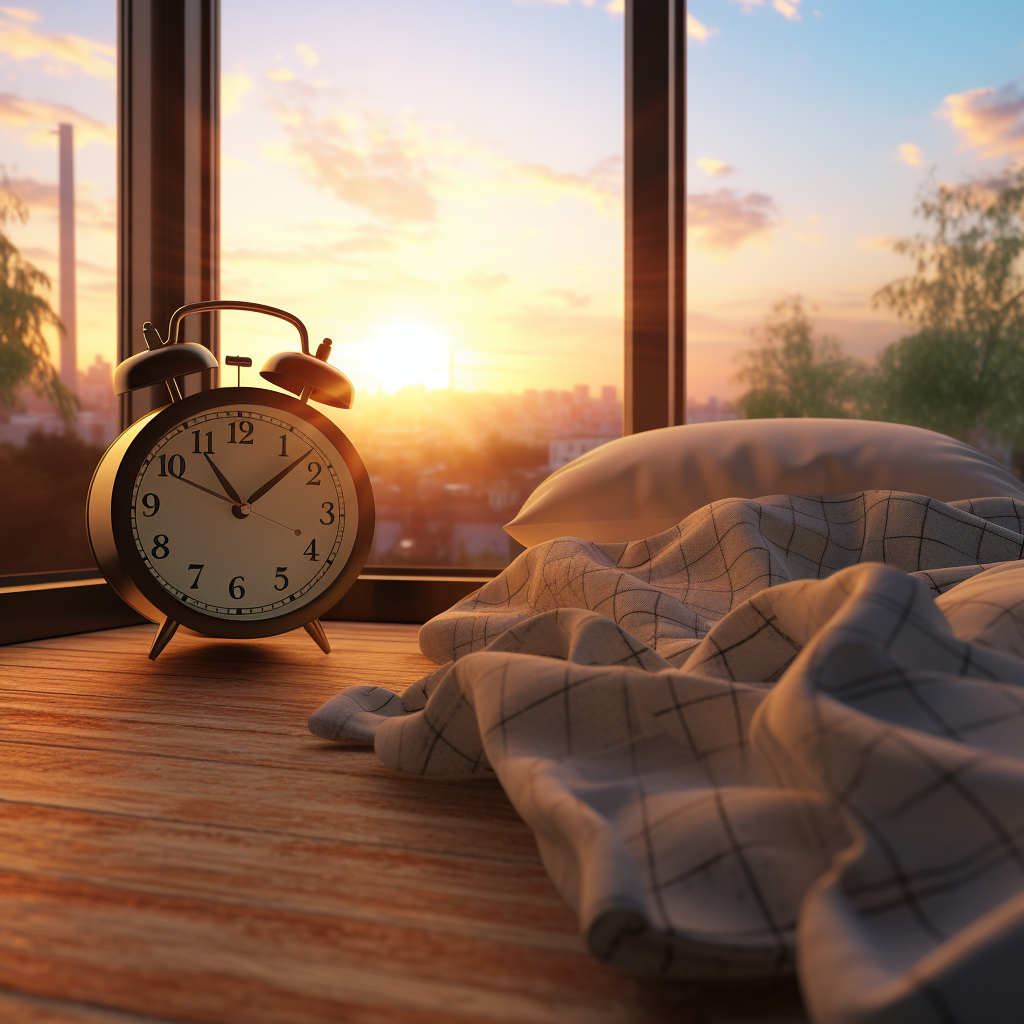 Alarm clock next to bed with sunset shining through window