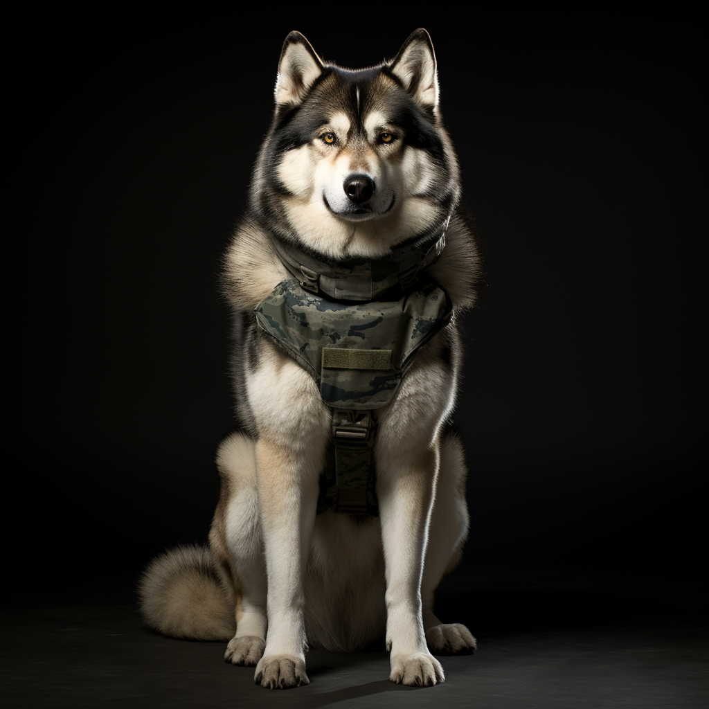 Powerful Alaskan Malamute-human soldier hybrid in uniform