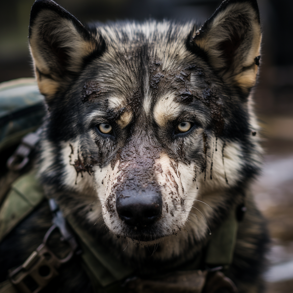 Battle-worn Alaskan Malamute Soldier with Evil Look