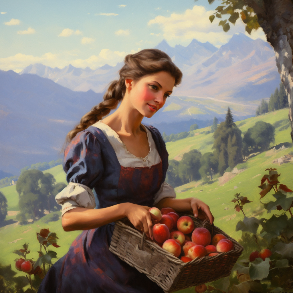 Young Albanian Girl Collecting Apples in Field