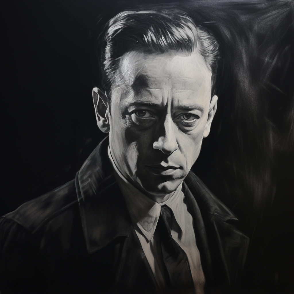 Albert Camus charcoal sketch in black background