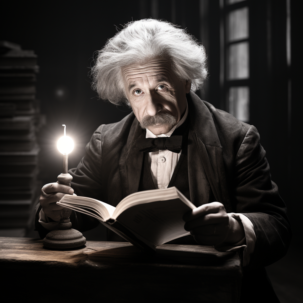 Albert Einstein reading book on wooden table