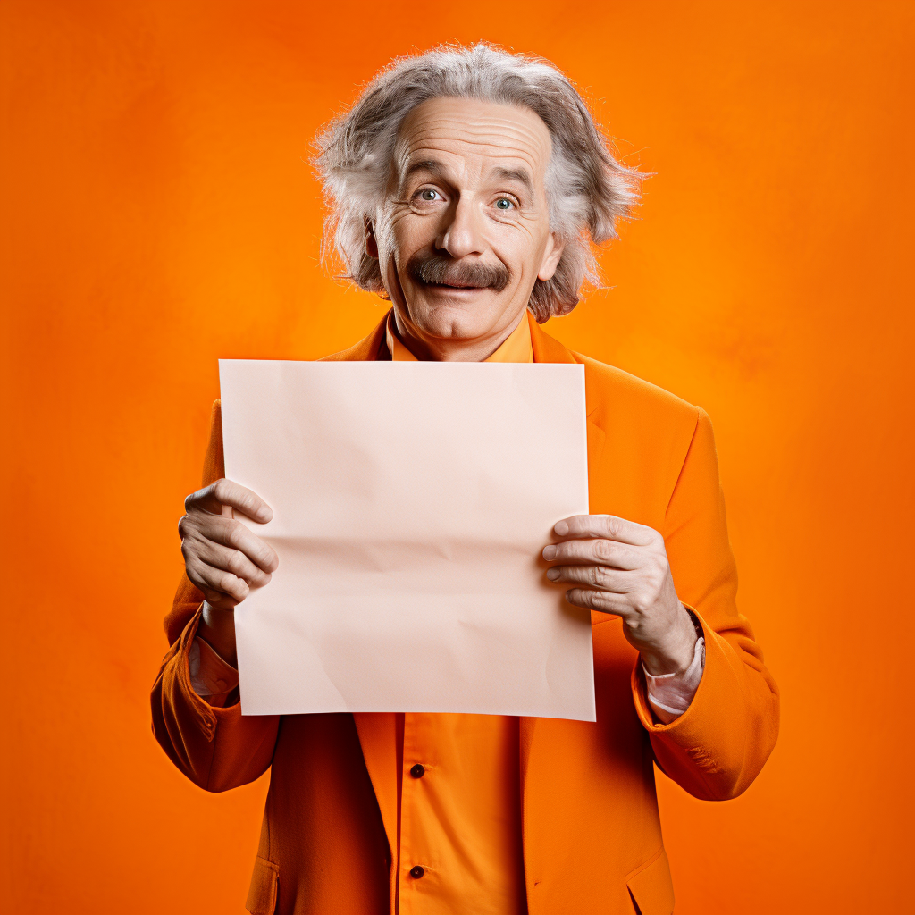 Smiling Albert Einstein holding a blank sheet