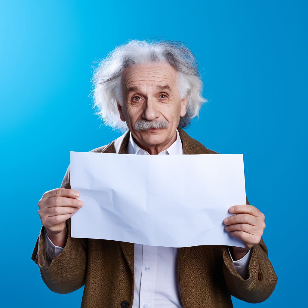 Albert Einstein holding blank paper and smiling