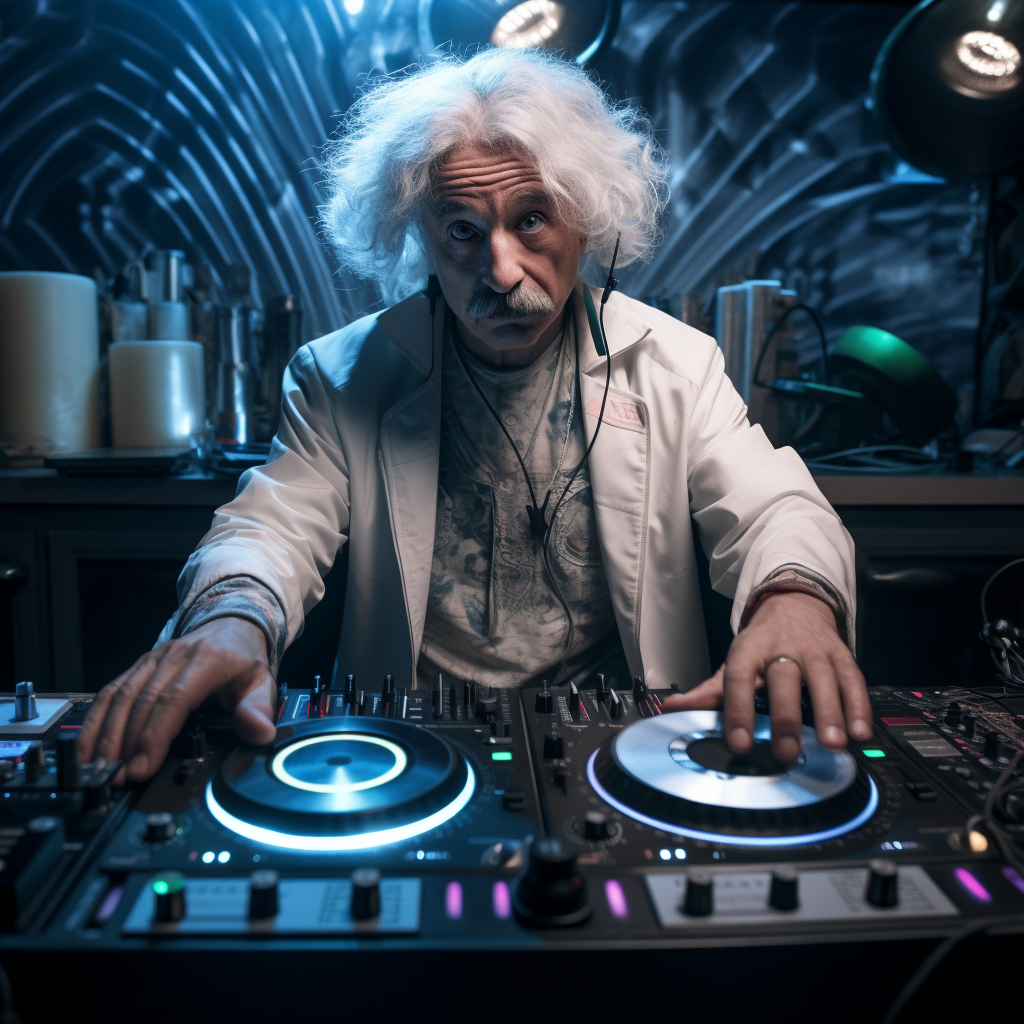 Albert Einstein DJ'ing in a Science Lab