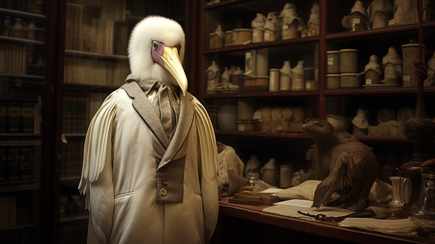 Albino albatross in 19th century suit in natural museum