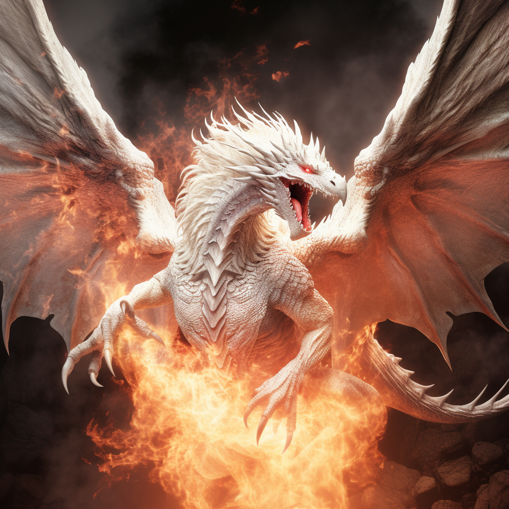 Albino Dragon Breathing Fire Fantasy