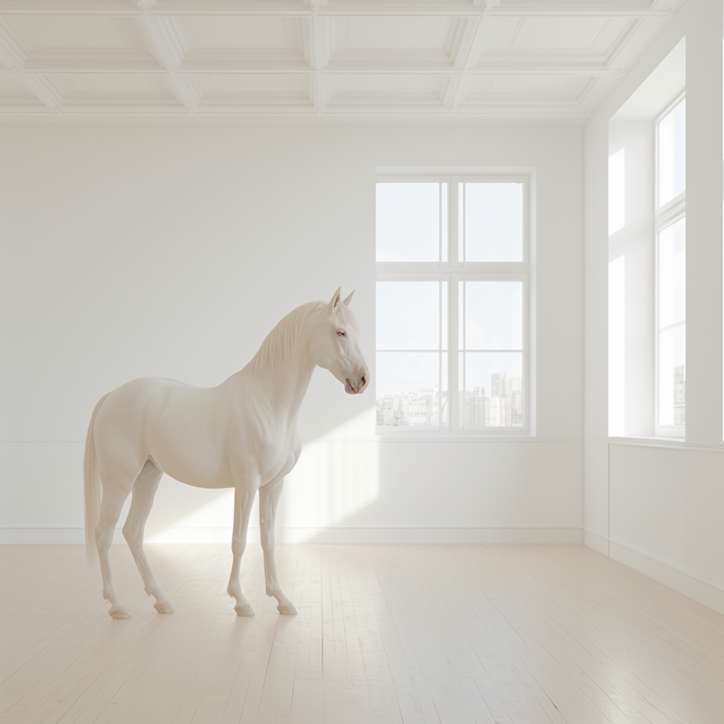 Albino horse in white room