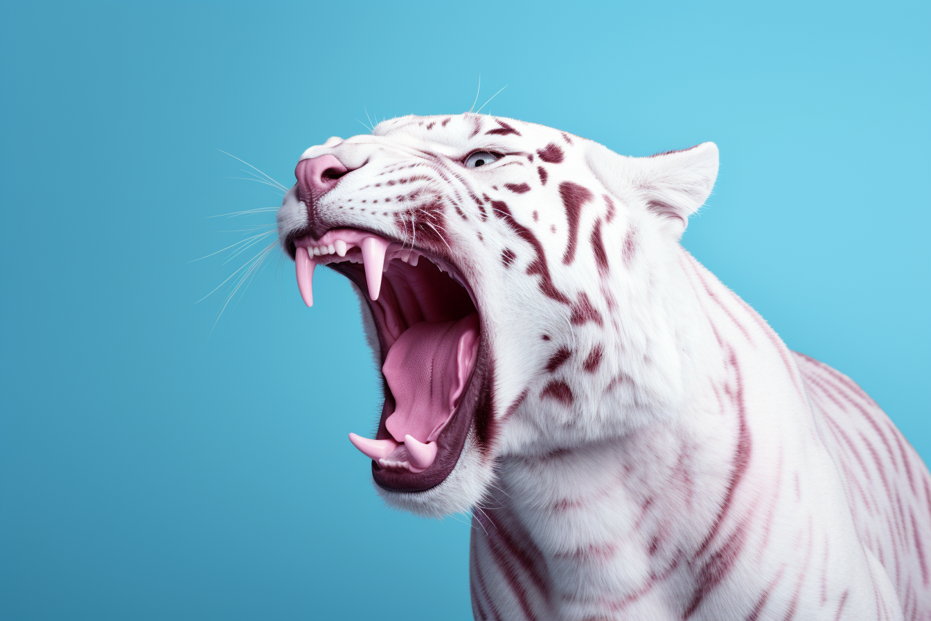 Albino tiger roaring on pink background