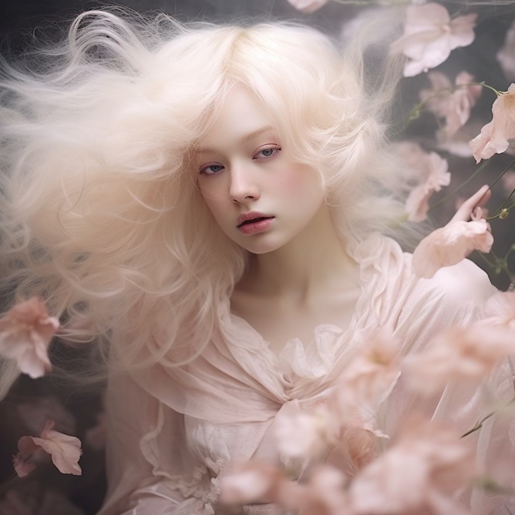 Albino woman in pink floral dress with wind blowing