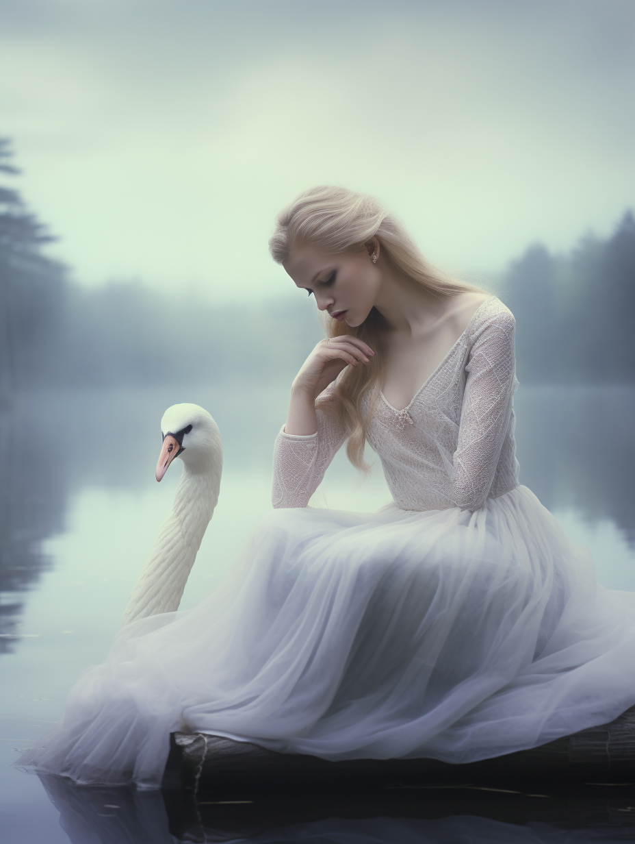 Beautiful Albino Women on Giant Swan