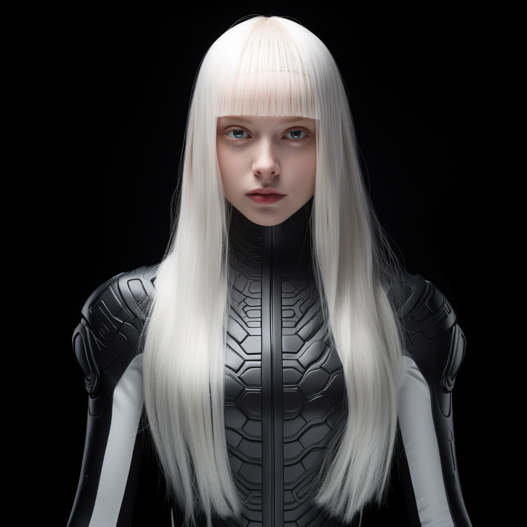 Albino girl with long white hair in alien suit