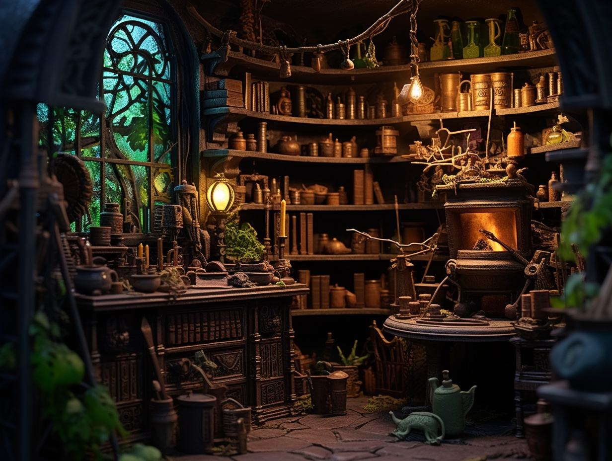 Alchemist's Atelier with Bookshelfs and Laboratory Equipment