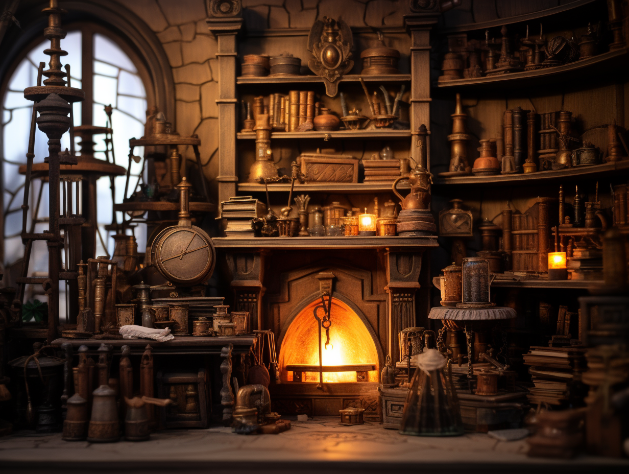 Alchemist's Atelier Bookshelf with Lab Equipment