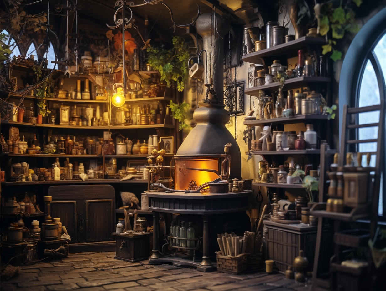 Alchemist's Atelier with Bookshelfs and Laboratory Equipment