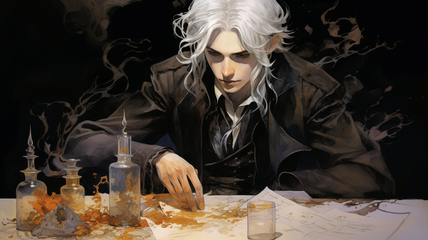 White-haired young man practicing alchemy