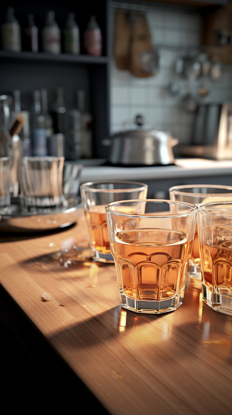 Realistic alcohol and cups in kitchen