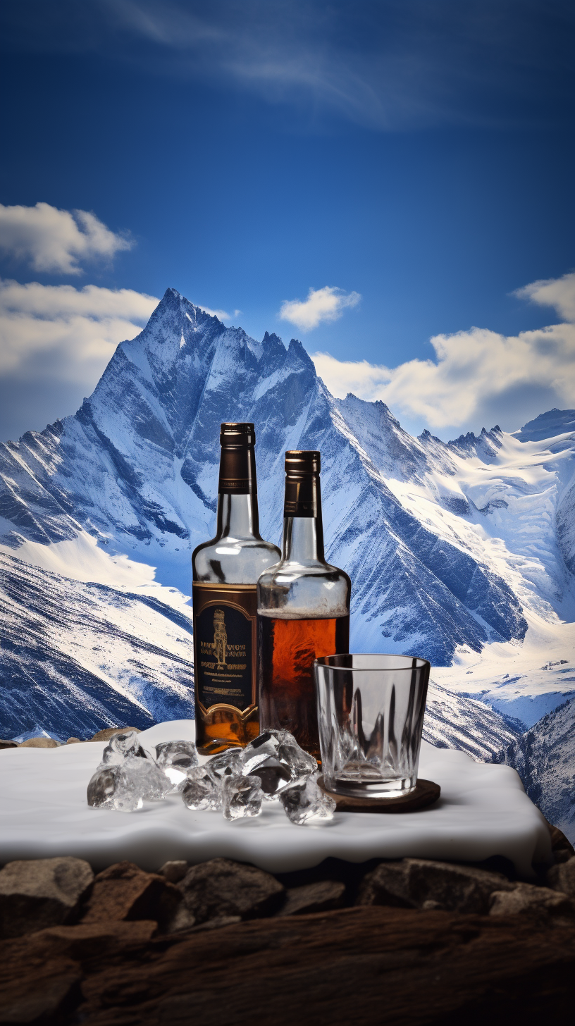 Bottle of alcohol and cups in snow mountains