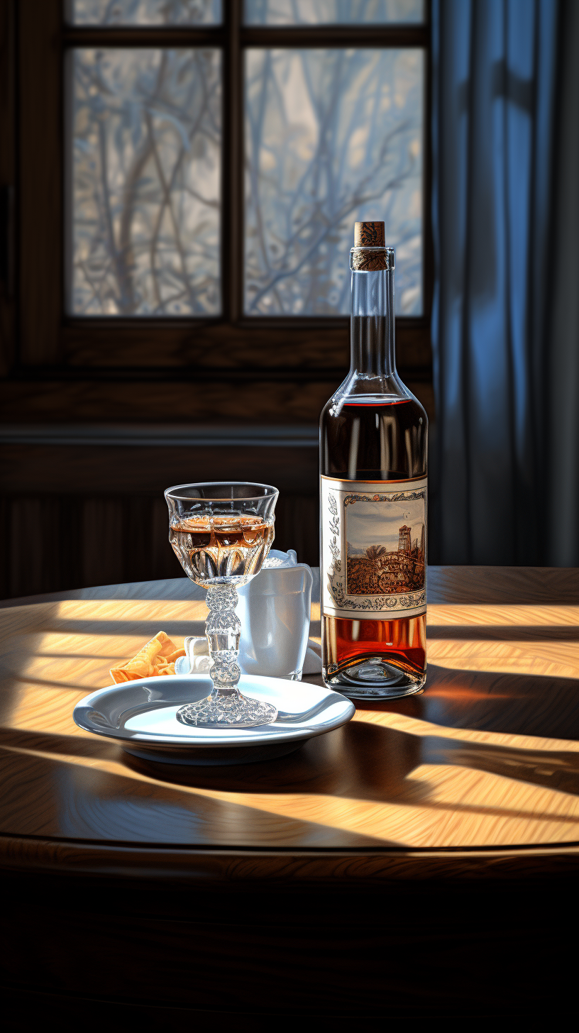 Realistic image of alcohol and cups on a dining table