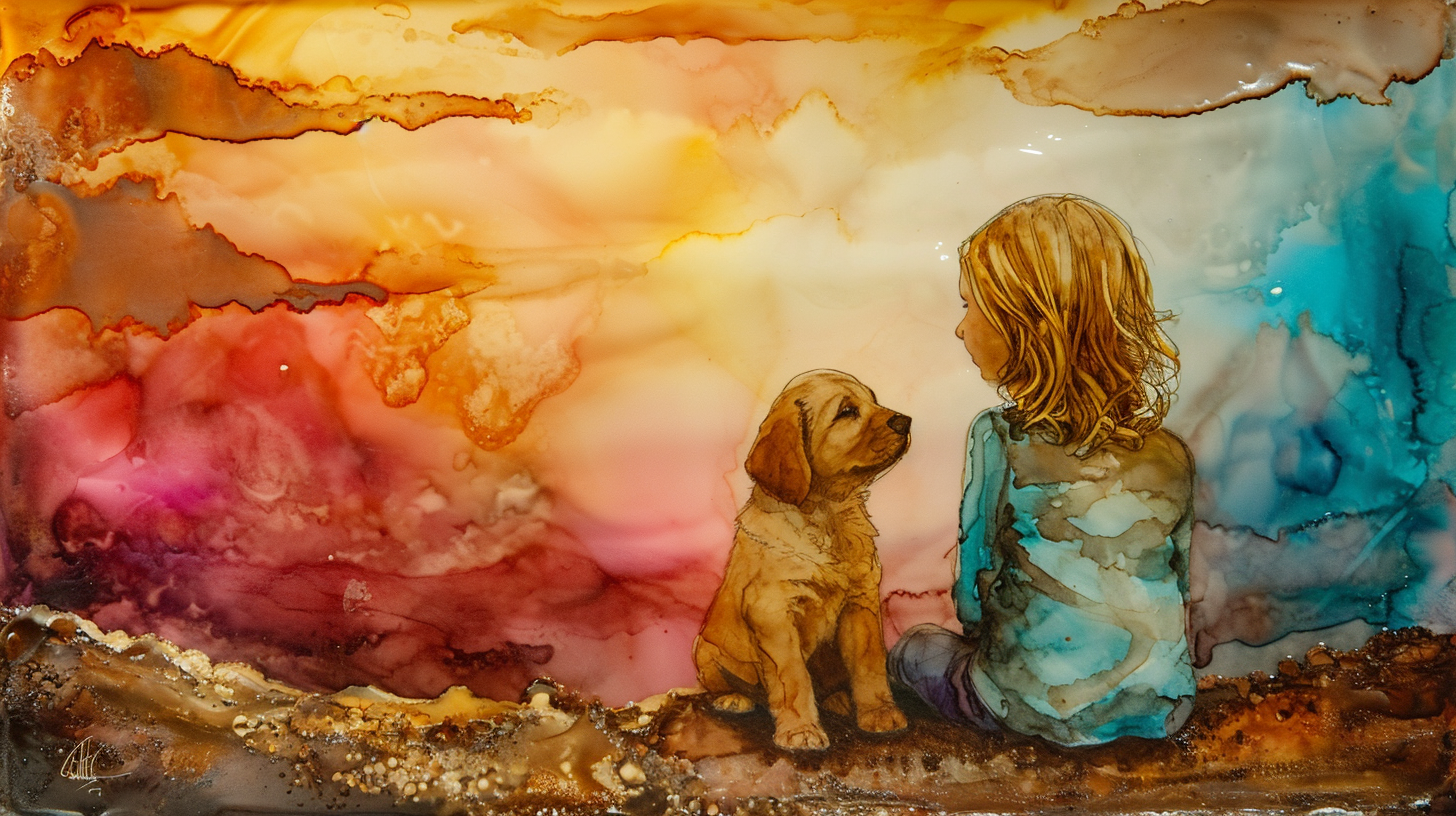 Colorful alcohol inks with girl and puppy