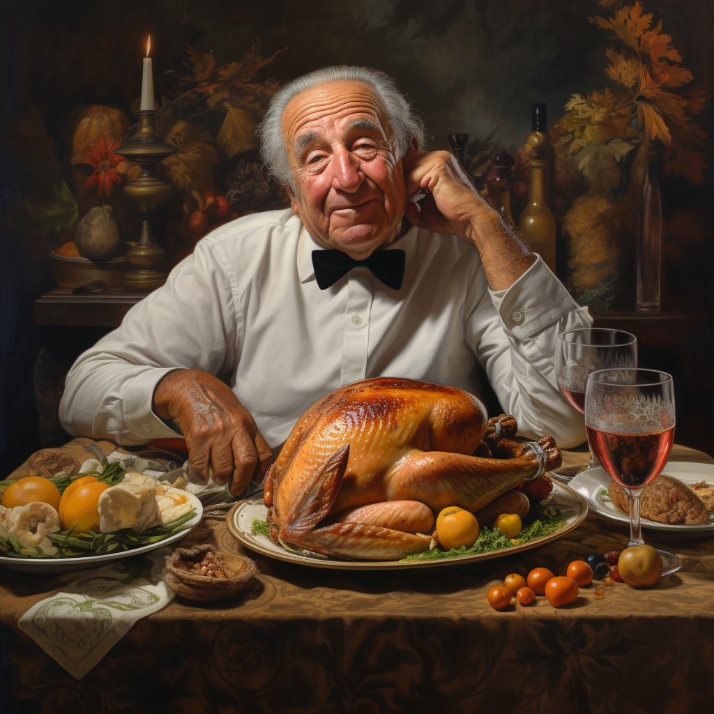 Alcoholic grandfather enjoying Thanksgiving meal