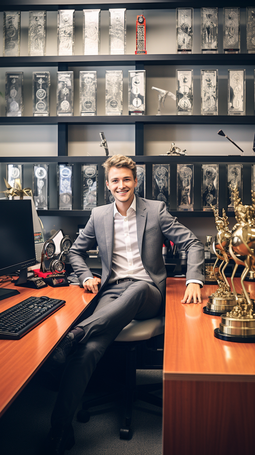 Alex adding trophy at desk