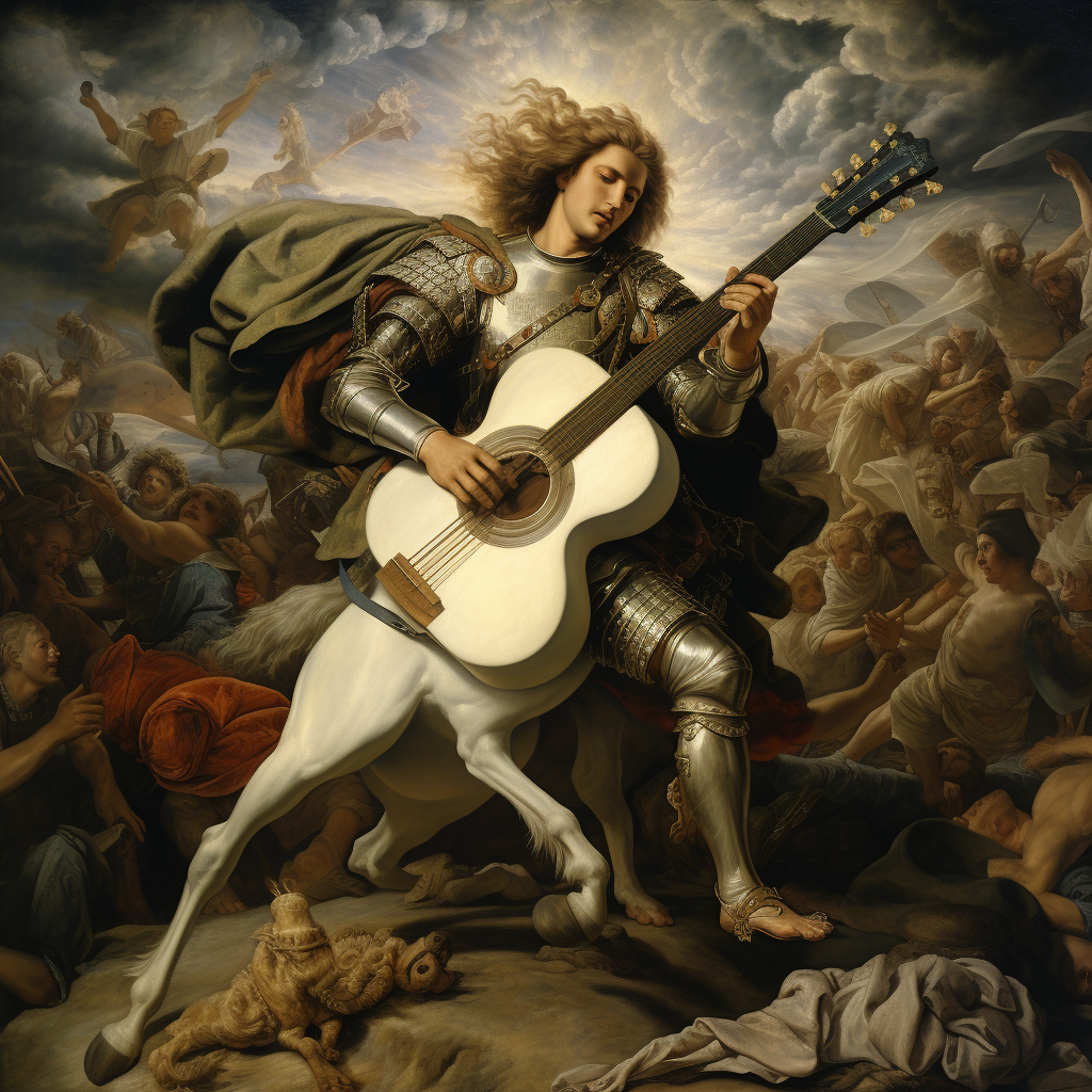 Renaissance painting of Alexander the Great playing guitar