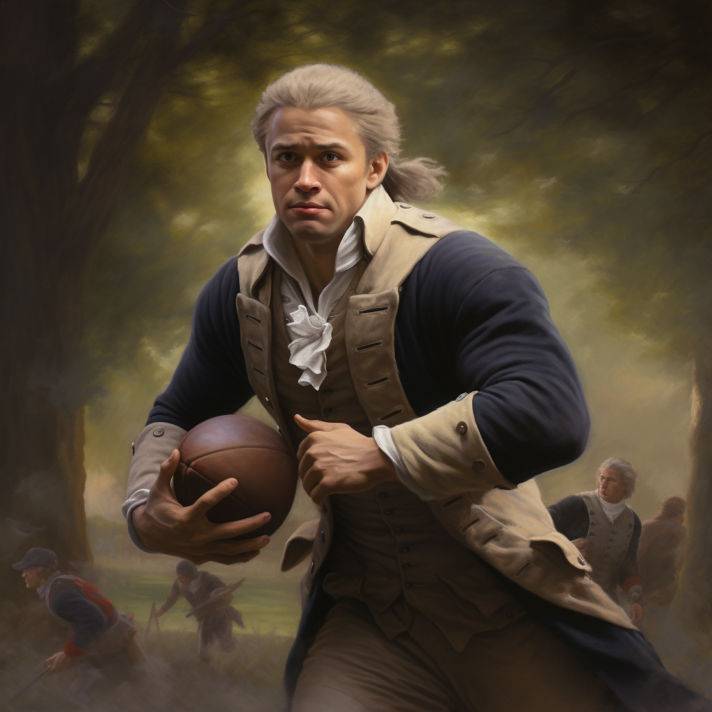 Hyperrealistic image of Alexander Hamilton playing rugby