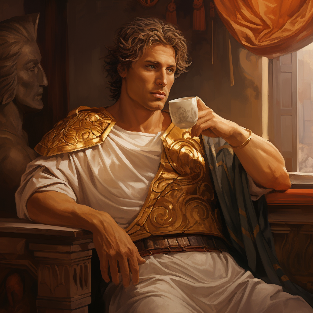 Alexander the Great drinking coffee in modern clothes