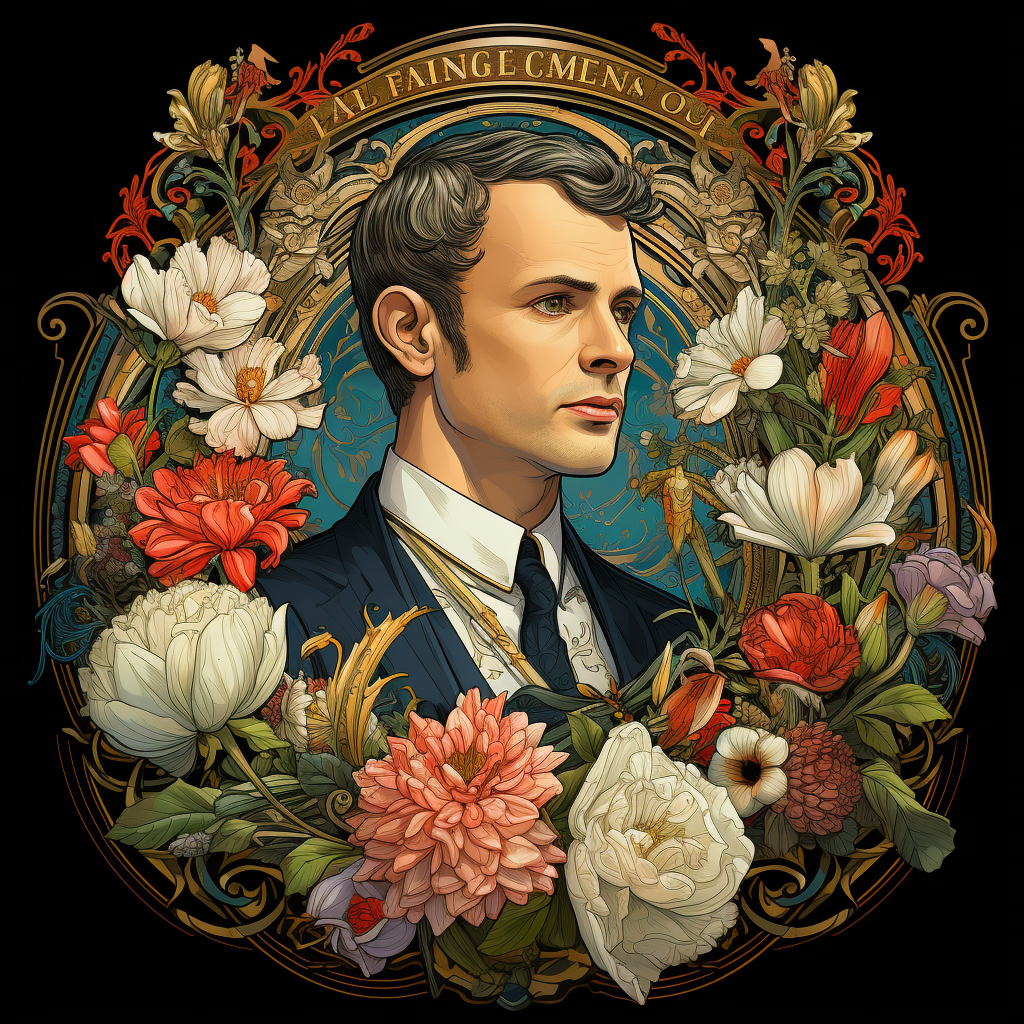 Alfons Mucha Style Illustrative Logo of Emmanuel Macron