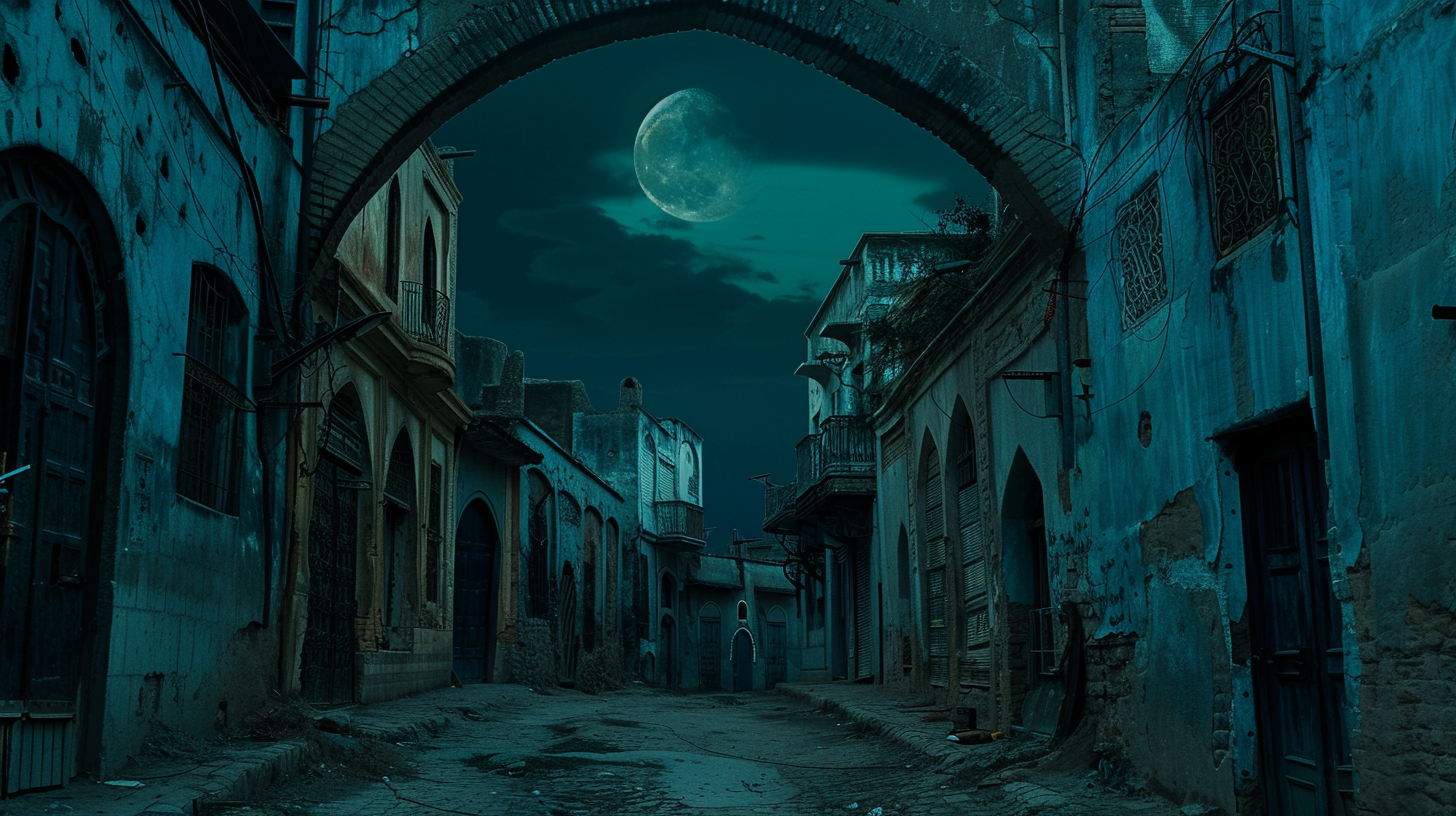 Moon over Algerian street at night