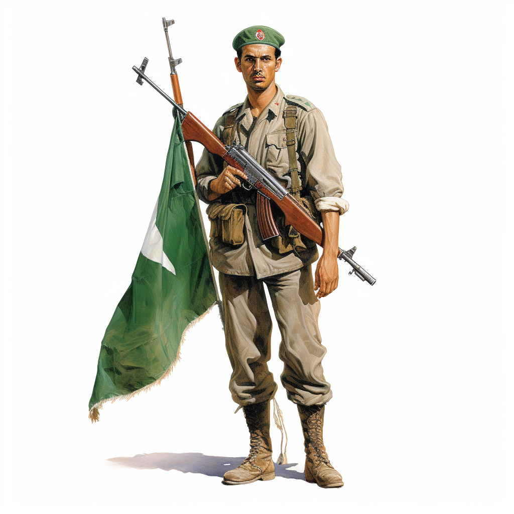 Soldier holding Algerian flag with pride